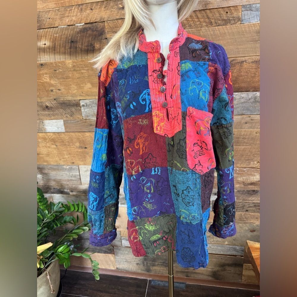 EzHiPPiE Patchwork Elephant Cotton Grandad Shirt XL Made in Nepal